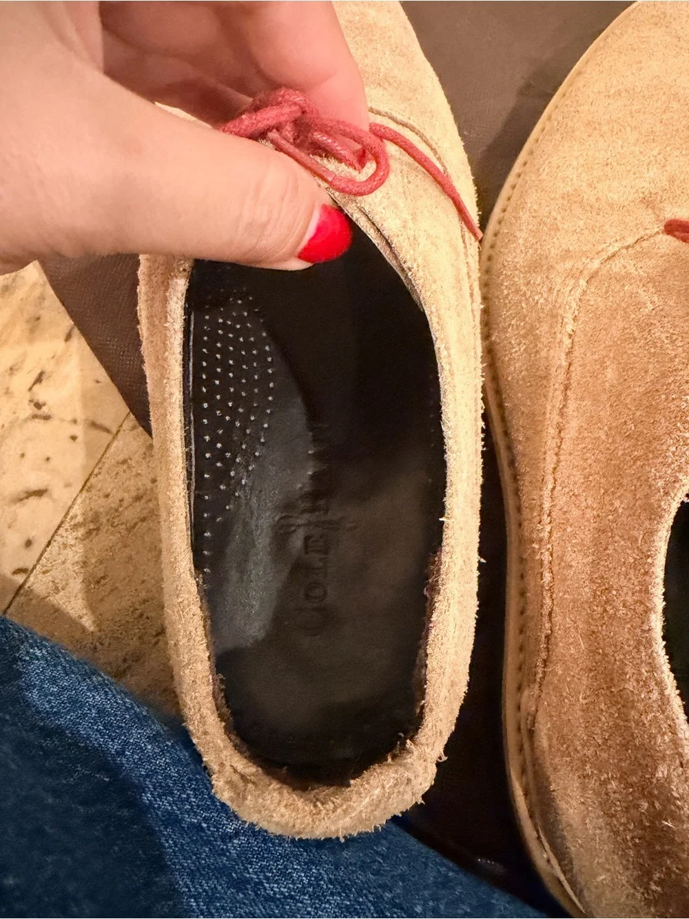 Cole Haan Tan Suede Derby Shoes with Red Laces